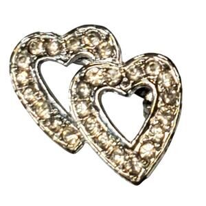 Clear Rhinestone Silver Tone Double Heart Scatter Brooch 1" Unsigned